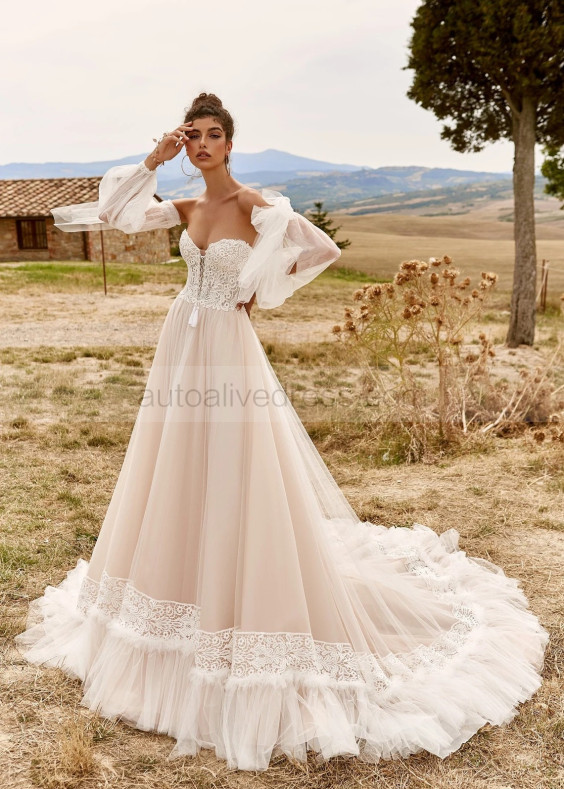 Strapless Lace Tulle Bohemian Wedding Dress With Detachable Sleeves Strapless Lace Tulle Bohemian Wedding Dress With Detachable Sleeves